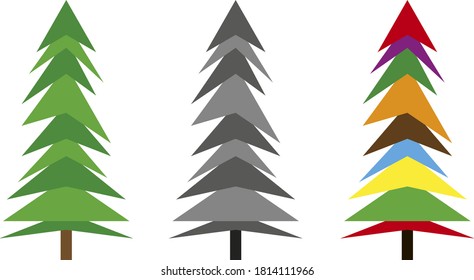 Set of three Christmas trees Green, gray and multicolored.