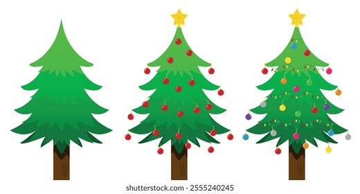 Set of Three Christmas Trees - Pine Tree with no Decorations, Decorated with Red Balls Ornaments and Decorated with Colorful Lights and Balls. Flat Design, Vector.