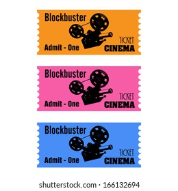 Set of three cinema tickets with a movie projector on them and the text blockbuster admit one written with black letters