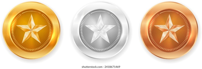 Set of three circle shiny metal badge frames with star and laurel wreath. Golden, silver and bronze version. Vector illustration.