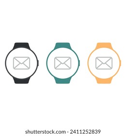 Set of three circle smart watch with email notification icon on screen. Colorful watch bracelet
