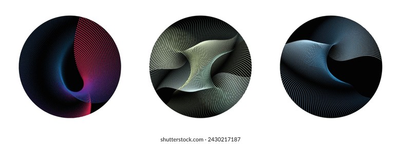 Set of three circles abstract vector illustration, The circular pattern emerges like a fluid wave function, Flowing dot particles wave 3D curve pattern.
