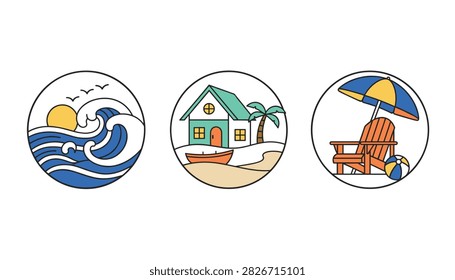 Set of three circular beach icons featuring breaking ocean waves with sun, a coastal cabin with palm tree, and a beach chair.