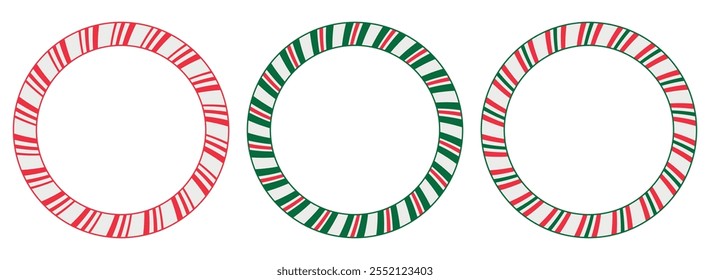 Set of three circular candy cane frames in white, red, and green colors. Perfect for Christmas-themed designs, holiday decorations, cards, invitations, and festive projects. Vector graphic