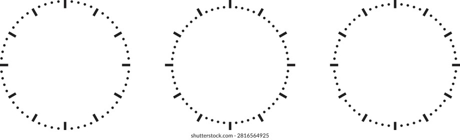 A set of three circular clock faces featuring precise tick marks for hours and minutes, isolated on a clean white background for easy design integration.