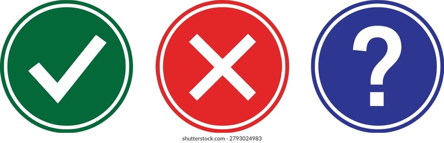 Set of three circular featuring a green check mark, a red cross, and a blue question mark, isolated on a white background