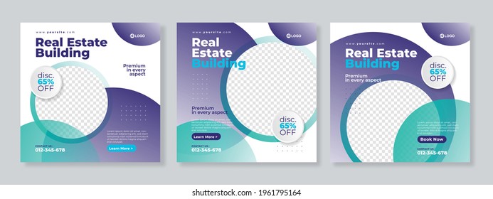 Set of three circular geometric background of real estate agency social media pack template premium vector