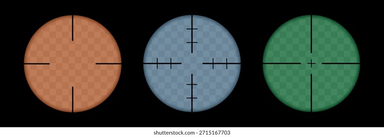 Set of three circular gun night sight, crosshair sniper scopes in red, blue, and green - Powered by Shutterstock - Get 15% off with code: PIKWIZARD15