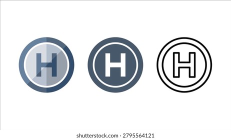 A set of three circular helipad landing zone icons featuring the letter H symbol, styled in shaded blue flat design, solid flat layout, and a precise black linear outline version. Suitable for aviation terminal signs, urban planning maps, transport app navigation systems, and emergency medical service graphics.