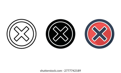 A set of three circular icons featuring a cross mark symbol. The icons are presented in line art, solid black, and a colored version with red and blue.