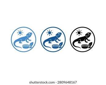 A set of three circular icons featuring a bearded dragon lizard, a sun, and a small dish, presented in blue outline, blue filled, and black silhouette.