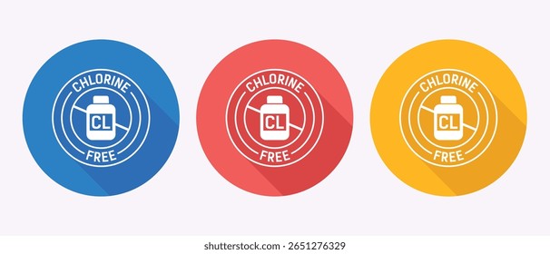 Set of three circular icons indicating chlorine free products in blue red and yellow