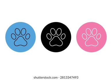 Set of three circular icons with paw print symbols in blue, black, and pink colors