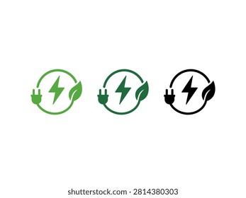 A set of three circular icons representing eco friendly electricity featuring a power plug a lightning flash and a green leaf for sustainable energy solutions