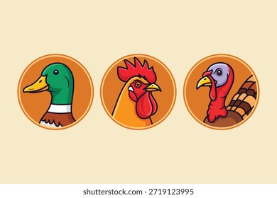 Um conjunto de três ícones circulares exibindo ilustrações vibrantes de desenhos animados de um pato-real, um galo e uma cabeça de peru.
