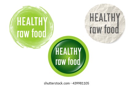 Set of three circular icons with the words healthy raw food
