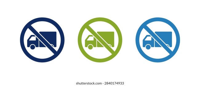 A set of three circular prohibition signs featuring a truck silhouette with a diagonal strike through in navy blue green and light blue colors representing restricted vehicle access