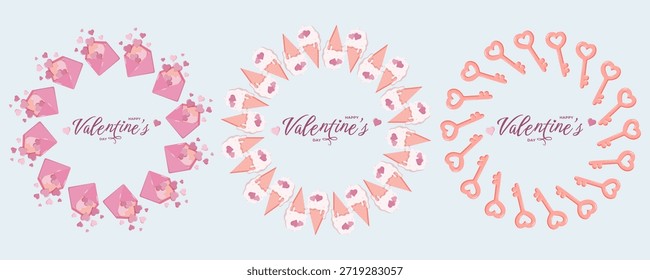 Conjunto de tres coronas circulares de amor del día de San Valentín, conos de helado con adornos de corazón y llaves en forma de corazón. Cada uno cuenta con texto de Feliz Día de San Valentín en el centro