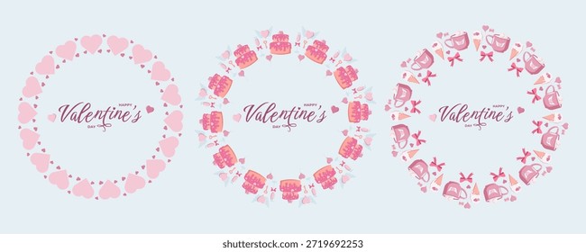 Conjunto de tres coronas circulares de San Valentín con corazones, pasteles, tazas, llaves, lazos y dulces. Feliz día de San Valentín texto en el centro. Ideal para tarjetas románticas y diseños festivos