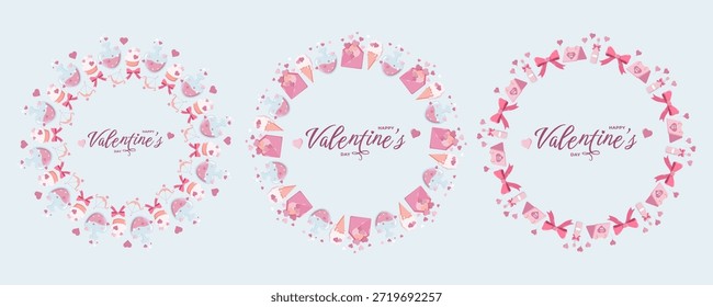 Conjunto de tres coronas circulares de San Valentín con cupcakes, pociones, arcos, sobres y corazones. Feliz día de San Valentín texto en el centro. Perfecto para tarjetas románticas y diseños festivos