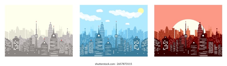 Conjunto de tres horizontes de la ciudad en estilo plano. colección Urbana del fondo del paisaje. Ilustración de metrópolis moderna para Diseño web o Anuncio.