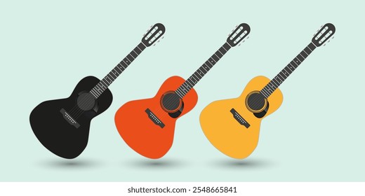 Set of three Classic black guitars vector on isplated blue background. Three collection of modern guitars in black color icon on light blue background