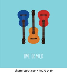 set of three classical or classic guitar. retro & vintage flat design musical background with text - time for music. red, orange, yellow & blue acoustic wooden wood old guitar vector isolated cartoon