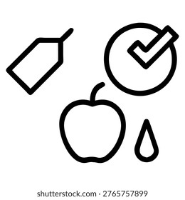 A set of three clean line icons: a price tag, a verified checkmark circle, and a fresh apple with a water droplet, representing smart grocery shopping.
