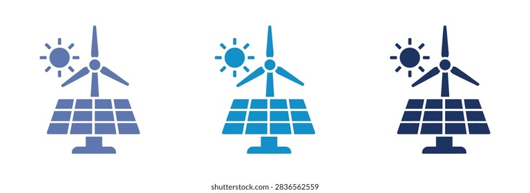A set of three clean vector icons representing sustainable power sources including photovoltaic solar panels wind energy turbines and solar radiation symbols for green technology
