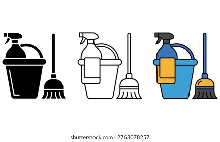 Set of three cleaning tool icons featuring spray bottles buckets and mops in different graphic styles for professional janitorial service branding
