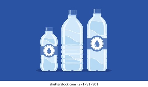 Set of three clear plastic water bottles in small medium and large sizes with blue caps and labels on a blue background.