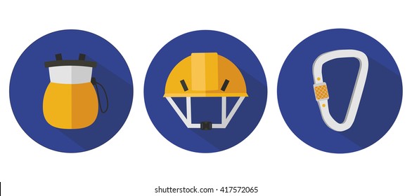 Set of Three Climbing Icon: Chalk Bag, Climbing Helmet, Carabine. Flat Style Vector Illustration