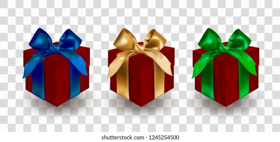 Set of three closed gift red boxes bandaged with blue, golden and green elegant bows with knots. Object isolated on transparent background. Realistic vector illustration.