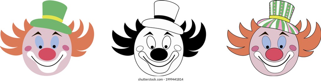 Un conjunto de tres cabezas de payaso - plano, estilo doodle y caricatura. Ilustración vectorial de material aislada en fondo blanco.
