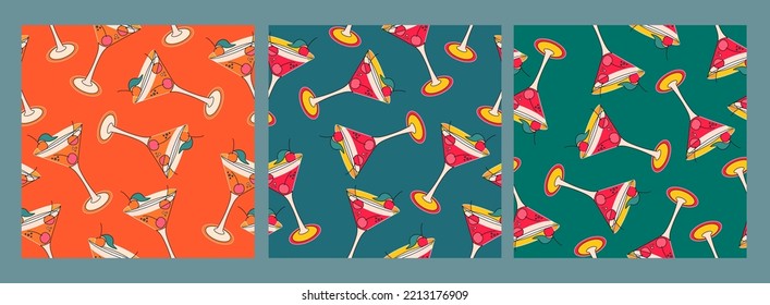 Set von drei Cocktailglasmustern. Quadratische nahtlose Hintergründe. Moderne Kunst. Trendy Vektorgrafiken. Jedes Poster ist isoliert.
