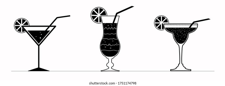 Set of three cocktail icons: Margarita, tropical, Martini, isolated on white background, vector