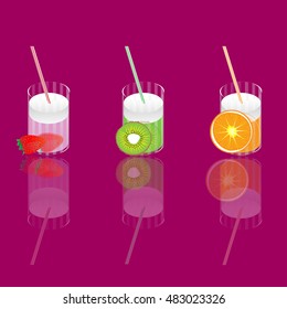 A set of three cocktails with fruit. Vector