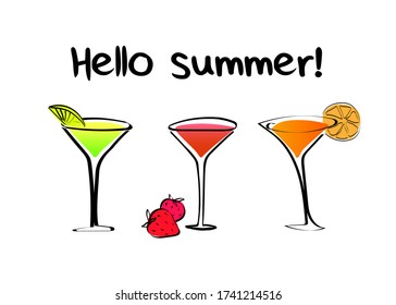 A set of three cocktails with the words hello summer. Colorful drinks with fruit in doodle style . Vector stock illustration isolated on a white background