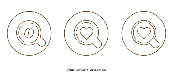 Set of three coffee cup linear icons editable stroke on transparent background. Three variants of coffee beverage on saucer with coffee bean or heart linear icons. Love coffee line icons set.