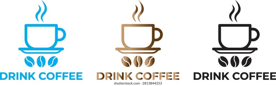 A set of three coffee cup logos in blue, gold, and black, each with steam rising and coffee beans below, paired with 'Drink Coffee' text.