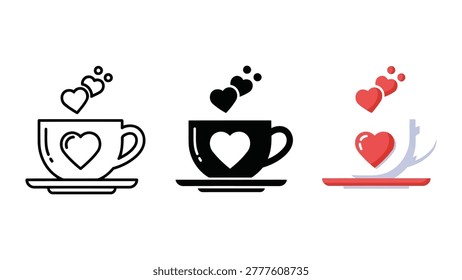 A set of three coffee cups, each featuring a heart symbol and steam rising, presented in line art, silhouette, and flat design styles.