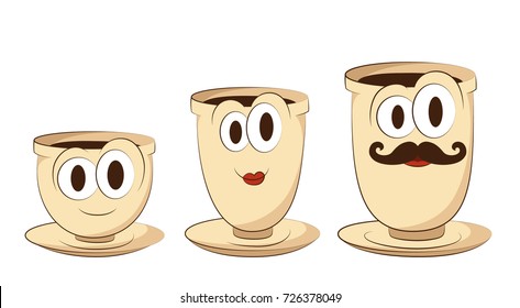 Set of three coffee cups. Family of mugs - mom, dad and baby. Cute characters for your design. Isolated.