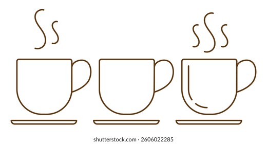 Set of three coffee cups linear icons with steam editable stroke isolated on transparent background. Set of cups with hot drink. Take a break line icon. Coffee cup icons vector illustrations. 