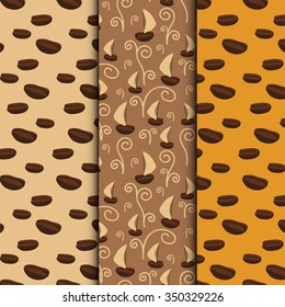 Set of three coffee seamless patterns, vector backgrounds, texture with coffee beans and aroma