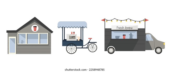 Set with three coffee shops, cafe on the wheels, cafeteria booth and coffee on the go stall. Isolated vector illustration