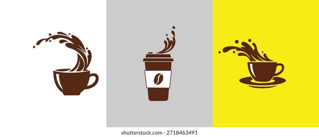 Conjunto de tres taza de iconos de salpicadura de café con salpicadura, taza de togo y taza con salpicadura en platillo sobre fondo amarillo, Ilustración vectorial