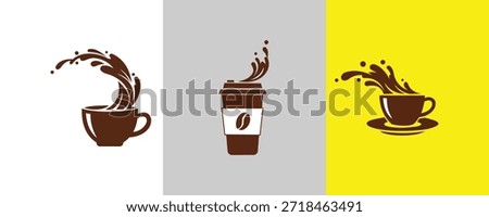 Set of three coffee splash icons cup with splash, togo cup, and cup with splash on saucer on yellow background, vector illustration