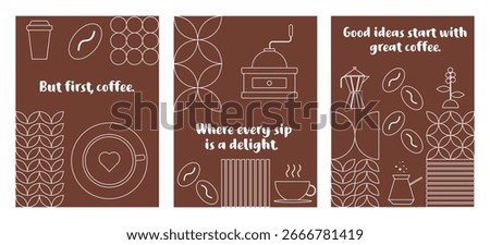 Set of three coffee-themed posters with white line art on brown backgrounds featuring motivational quotes, coffee beans, cups, grinders, and modern decorative elements