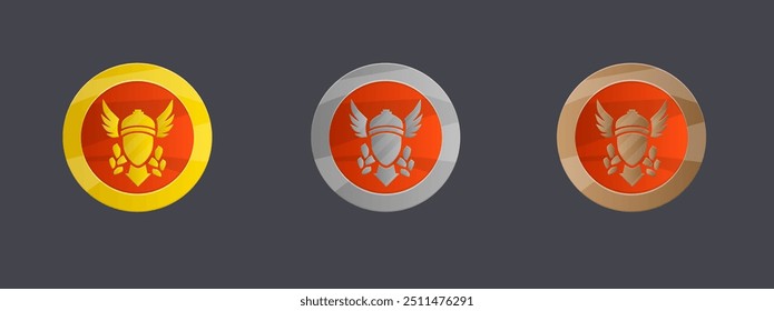 Set Of Three Coin Medal Achievement Icon Badge Game UI Logo Element Valkyrie Golden Silver Bronze Metal Isolated Vector Design