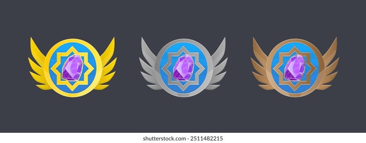 Set Of Three Coin Medal Achievement Icon Badge Golden Silver Bronze Wings Gem Game UI Isolated Vector Design